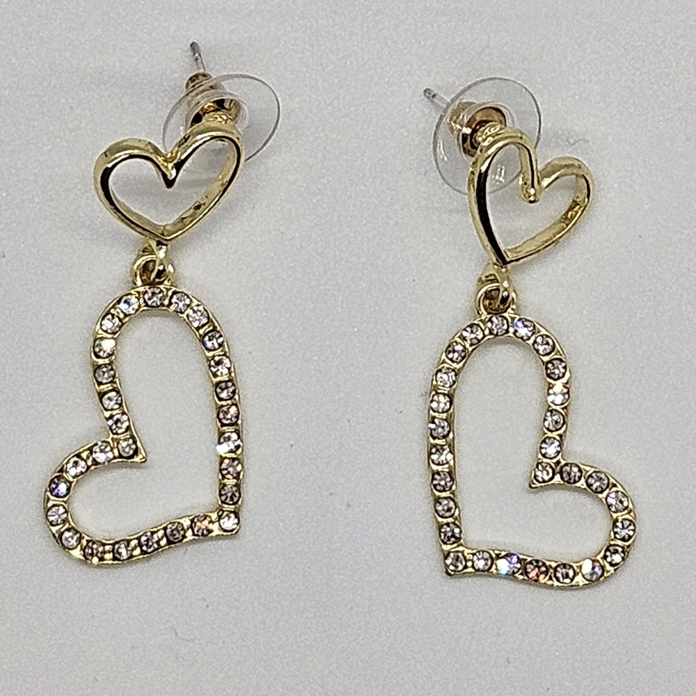 I'LL TRY TO RESTOCK Double Heart Drop Rhinestone Earrings Gold Tone S925 - Picture 11 of 13